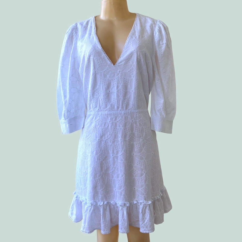 ELA White Eyelet Embroidered Cotton Dress Size 14 Puff Sleeve Ruffle Hem Boho